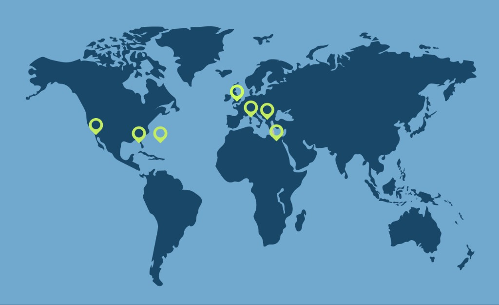World map with international camp locations